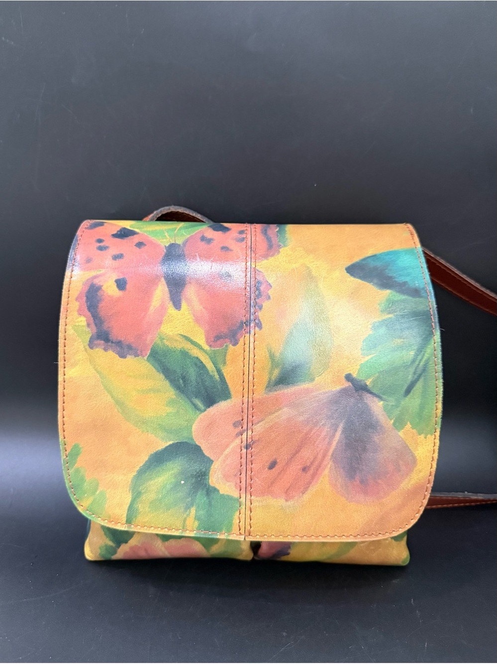 PATRICIA NASH Granada Watercolor Butterfly Genuine Leather Crossbody Bag EUC